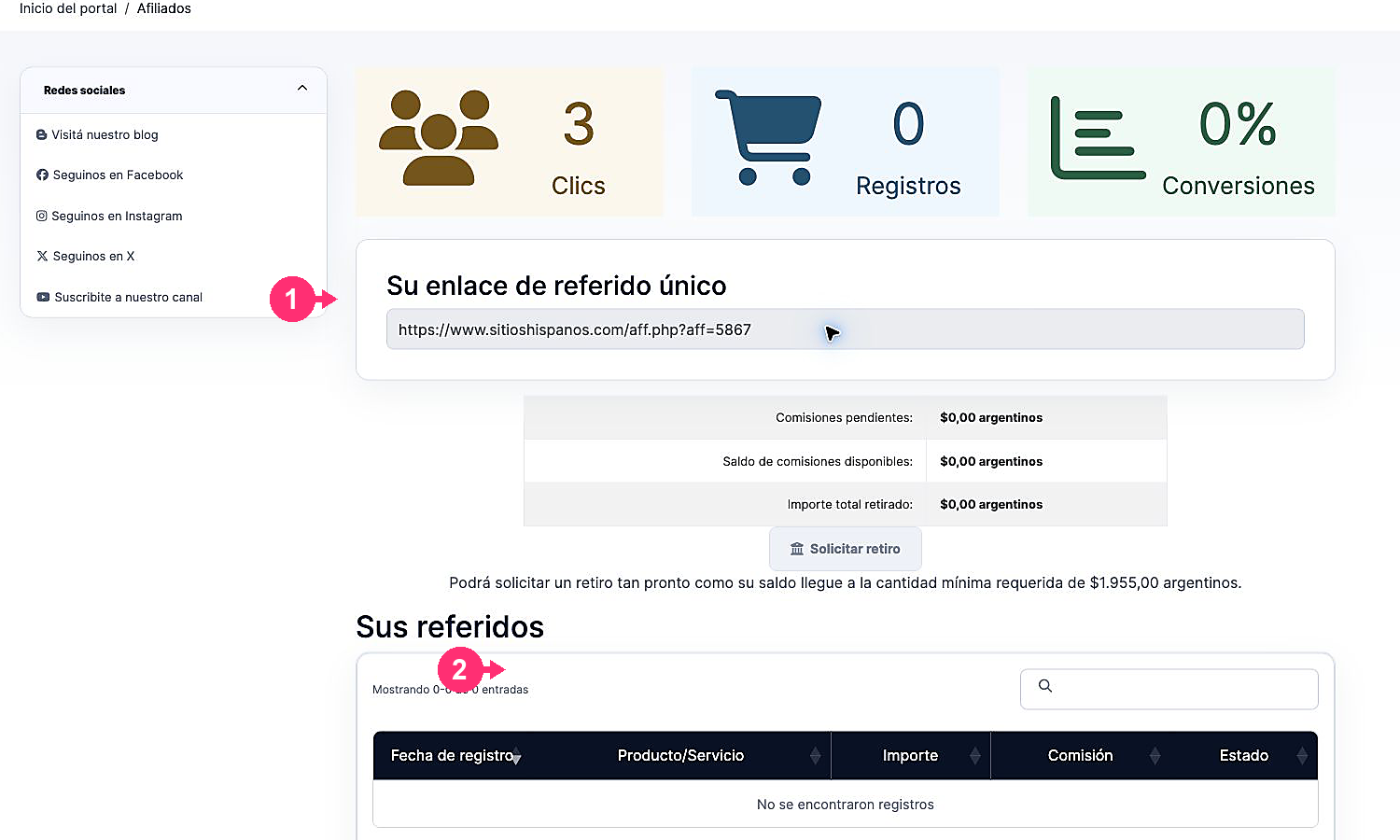 Estatísticas, link de indicado e resumo das comissões