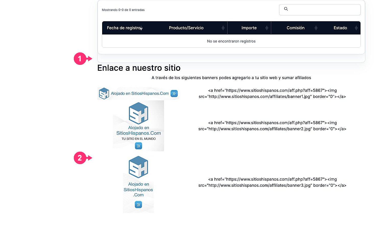 Lista de indicados e banners do programa de afiliados