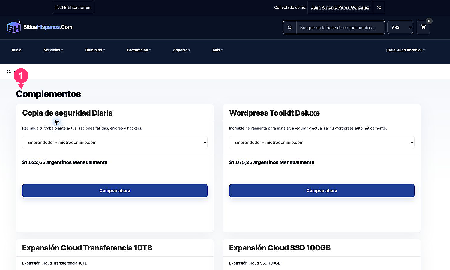 Catálogo actualizado de complementos con selector de servicio