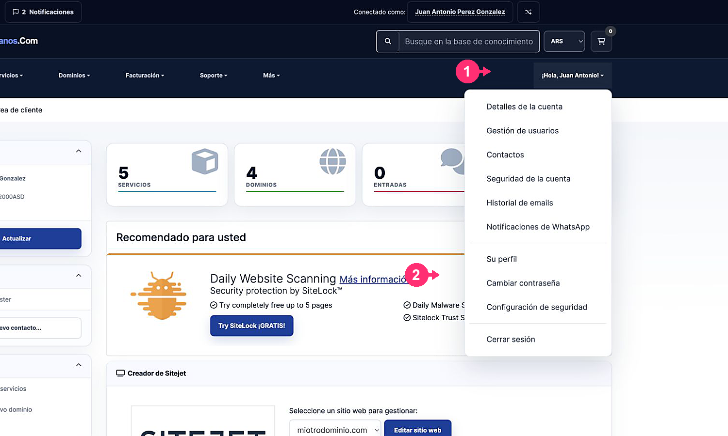 Menu de perfil com a opção Mudar senha destacada
