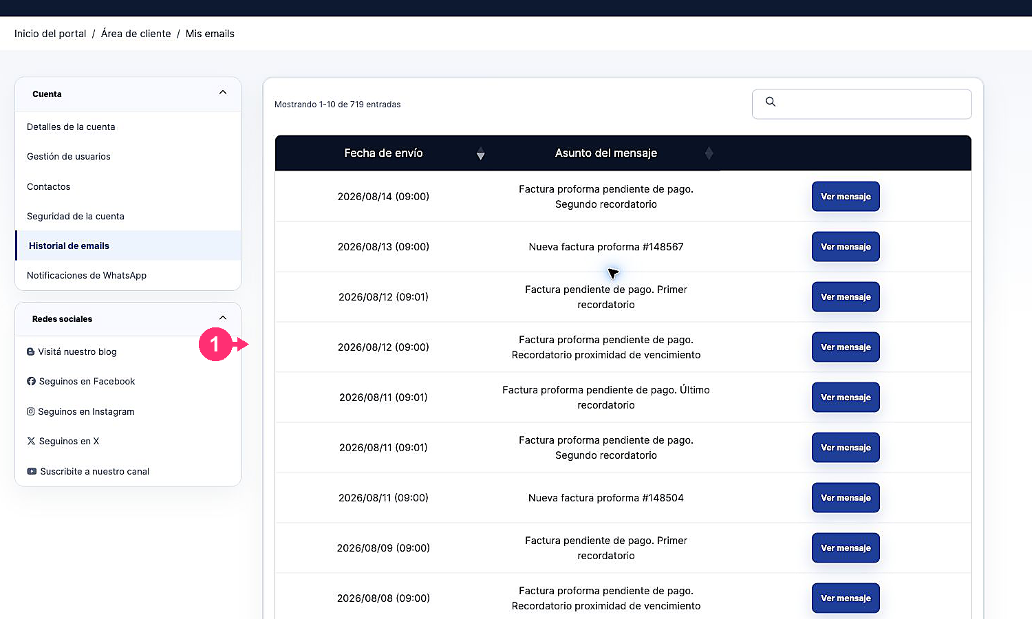 Listagem atualizada do histórico de e-mails