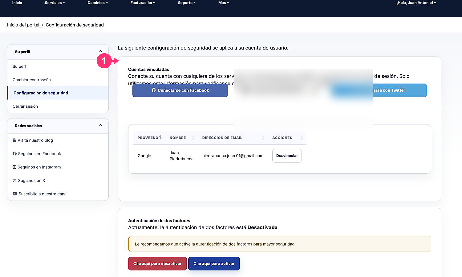 Opções atuais para vincular Facebook, Google ou Twitter