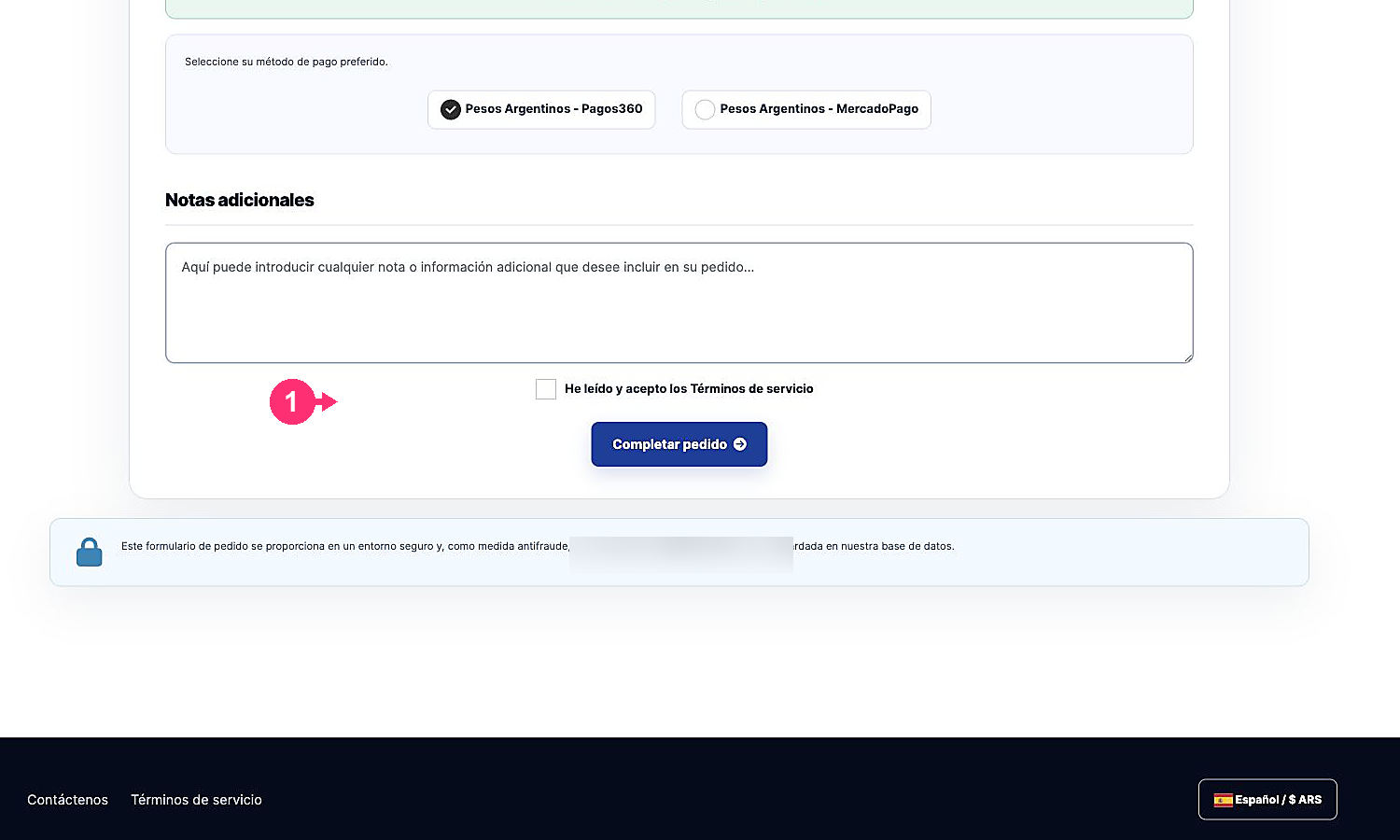 Opções finais do checkout para um novo cliente