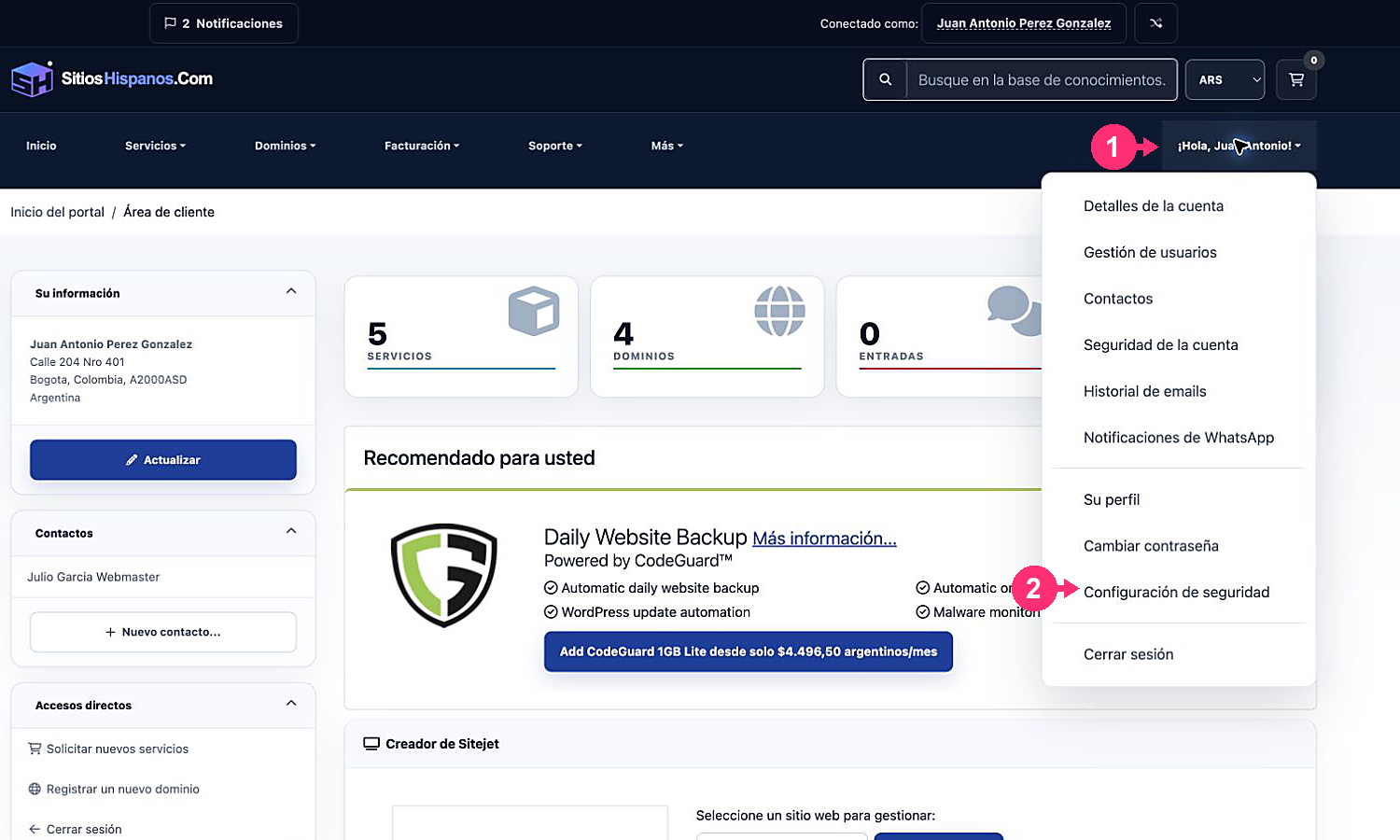Menu de perfil com Configuração de seguridad señalada