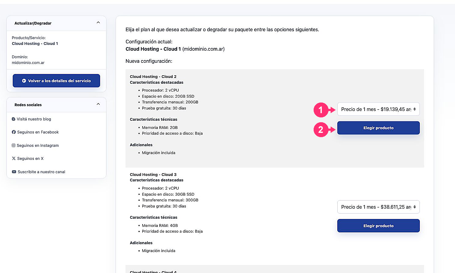 Lista de planos disponíveis para atualizar um serviço