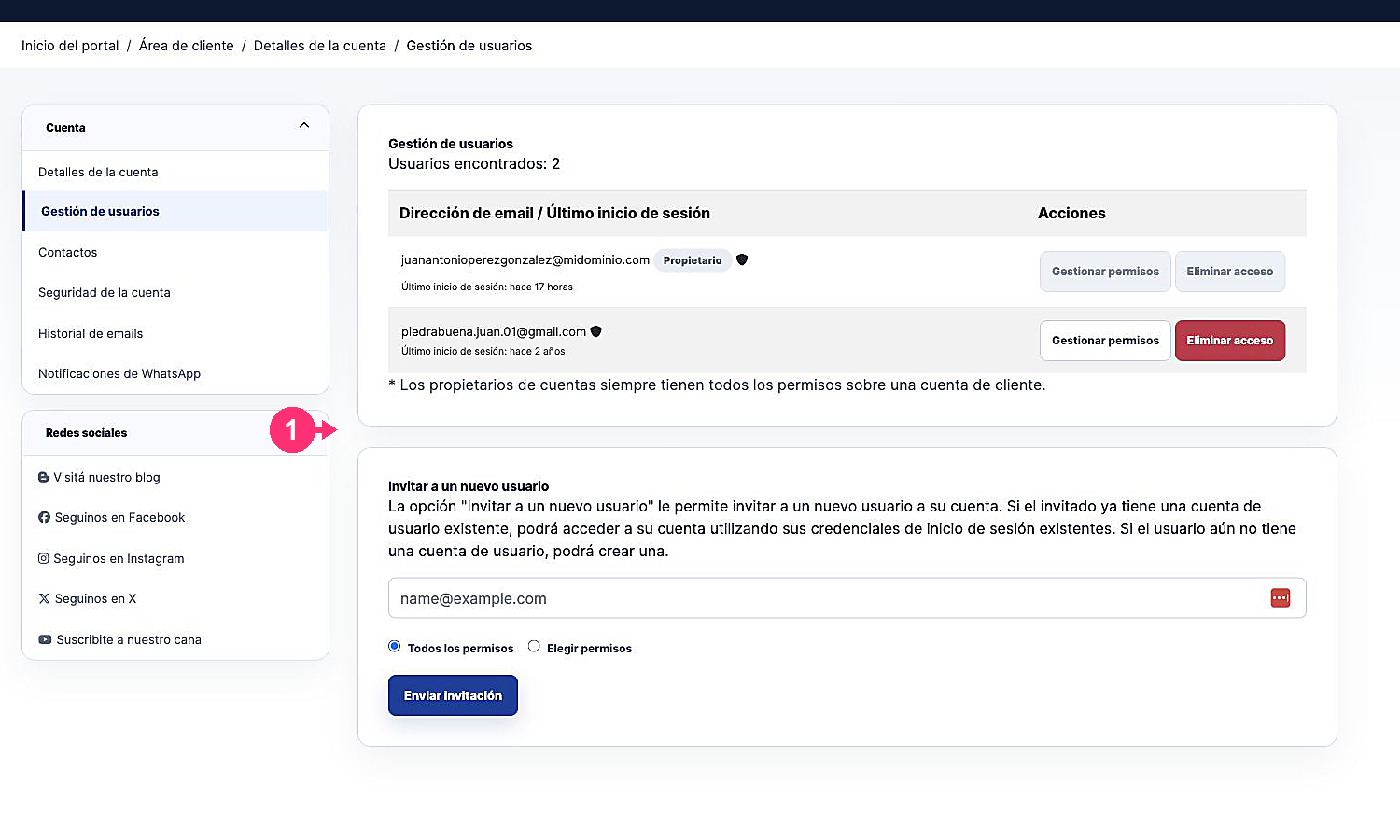 Listagem de usuários e formulário para enviar um convite