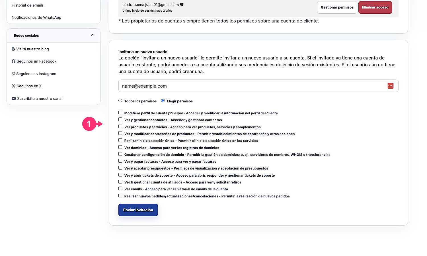 Listagem de permissões disponíveis para um usuário convidado